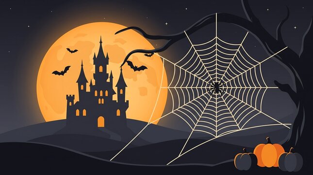 Spooky halloween background featuring a haunted castle silhouette with a full moon spider web and flying bats