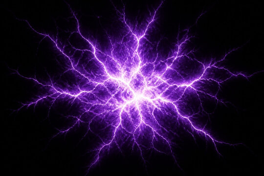 Abstract purple electric lightning background, powerful discharge of electricity, plasma energy, glowing fractal pattern on black background
