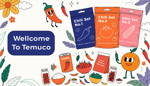Welcome to Temuco Chili Set Cartoon Illustration