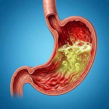 stomach showing an extreme overproduction of gastric acid, symbolized by highly concentrated, effervescent liquid filling the lumen. demonstrating the effects of excessive acid.