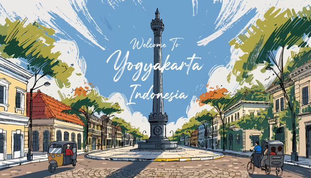 Welcome to Yogyakarta, Indonesia: Iconic Landmark Monumen Tugu with Traditional Vehicles, Colonial Architecture, Sunny Sky