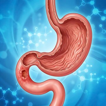 stomach and its connection to the small intestine (duodenum), specifically illustrating Duodenal Ulcer. A clear, localized ulcer is shown at the very beginning of the duodenum, just past the pyloric s