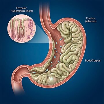 stomach exhibiting signs of Menetrier's Disease (hypertrophic gastropathy). The gastric glands are emphasized as hyperplastic.