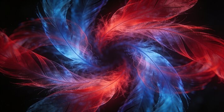 Swirling symmetrical composition featuring wispy feather forms with a seamless red to blue gradient