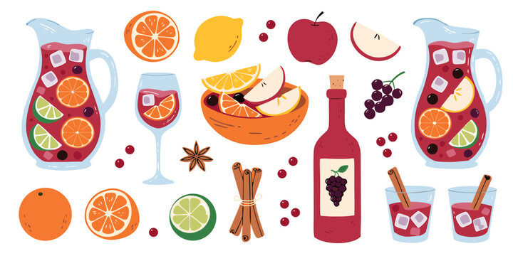 Sangria ingredients collection featuring fresh citrus slices apple pieces cinnamon sticks red wine bottle and glassware for summer cocktail preparation in flat graphic design style.