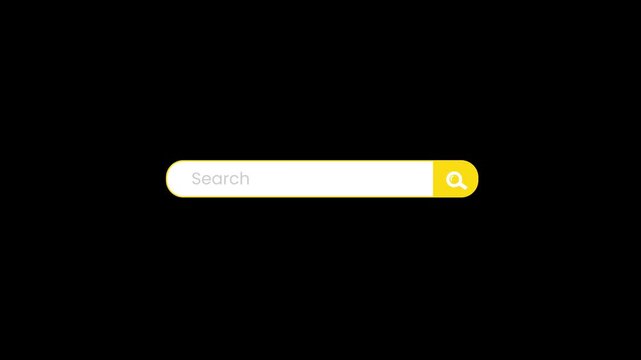Minimal search bar interface with a yellow search button and animated cursor click on black background, ideal for website navigation, digital interfaces, tutorials, app design and video editing.