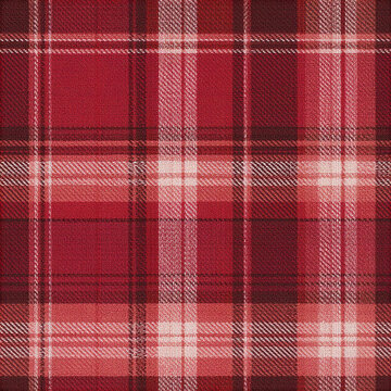 Red plaid fabric pattern with layered horizontal and vertical lines creating classic tartan design, warm and cozy texture