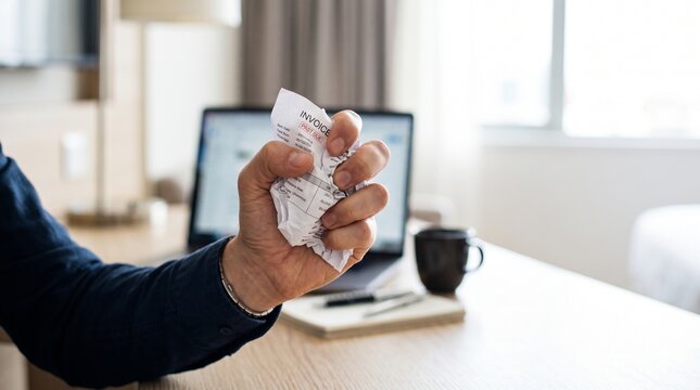 Businessman hand crumpling unpaid past due invoice at desk