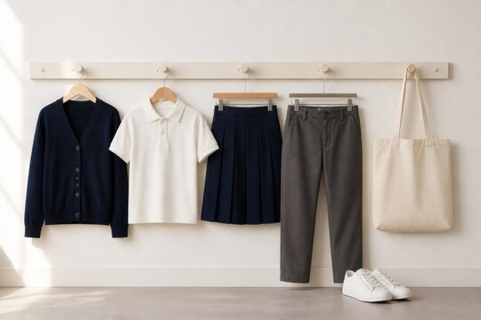 Simple school dress code capsule wardrobe on wall rail