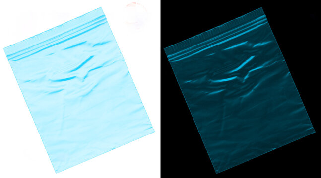 Transparent plastic ziplock bag texture, blue polyethylene storage pouch on white and black background, wrinkled poly bag mockup