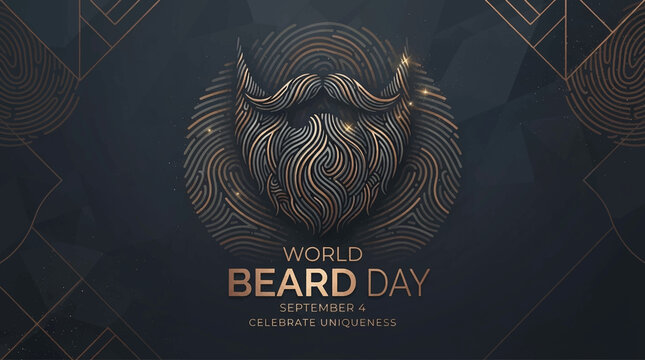World Beard Day flyover template design, barber shop social media with mustache line art, gold ornamental pattern on dark background, unique typography