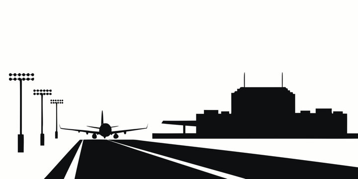 Black and white of airport runway with airplane and control tower aircraft