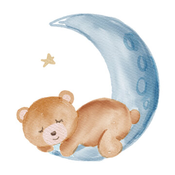 Watercolor Illustration of an teddy bear sleeping on moon