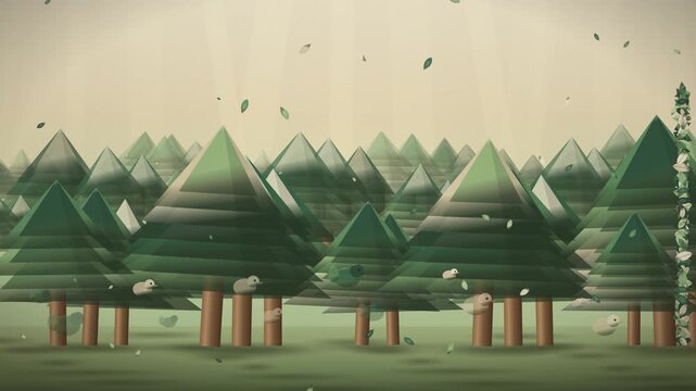 Whimsical Animated Forest Scene With Birds And Falling Leaves In A Stylized Flat Design