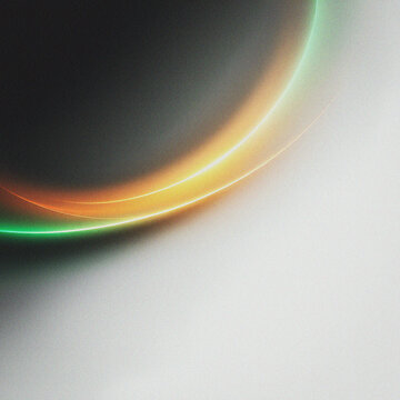 A minimalist abstract composition featuring a glowing, curved arc of light, transitioning smoothly from vibrant green on the left to bright orange and yellow on the right, against a dark grey backgrou