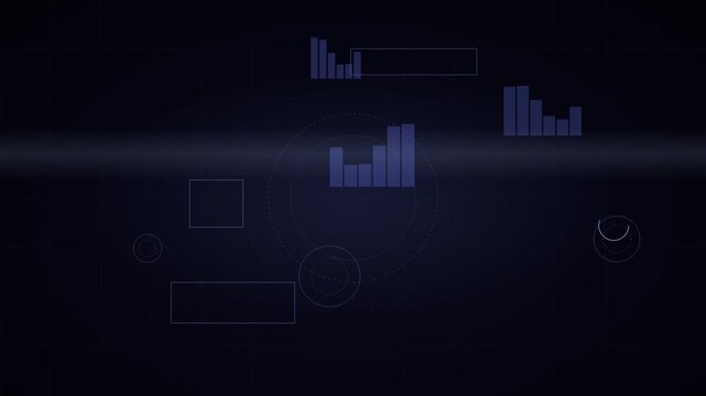 Futuristic digital data interface, blue bar charts on dark background, abstract financial analytics motion graphics
