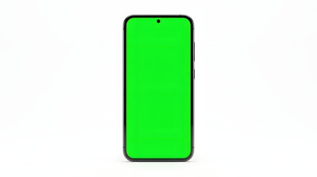 Modern smartphone with a vibrant green screen, isolated on a clean white background, showcasing its sleek design and display technology.