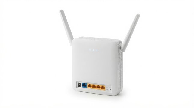 Modern white wireless router with dual antennas, high-speed wifi network gateway, broadband internet modem for home office