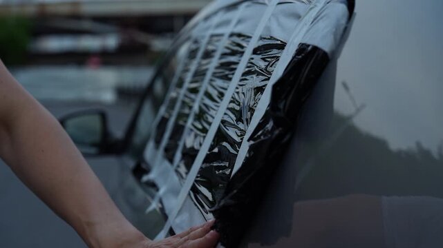 Person hands using masking tape to secure black plastic film over shattered car window, temporary fix for vehicle damage, vandalism. Emergency car repair concept, close-up, slow motion.
