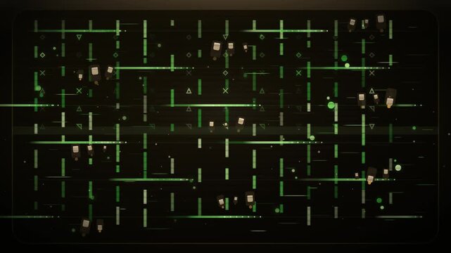 Abstract Animated Retro Futuristic Interface With Digital Green Lines And Moving Data Elements On A Dark Background