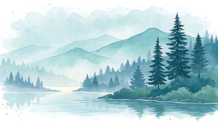 Fototapeta premium Watercolor landscape illustration of mountains and conifer trees