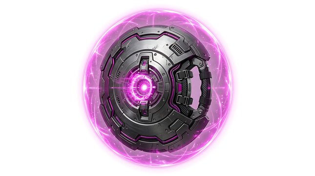 Futuristic circular metallic shield with a glowing purple energy force field on white background