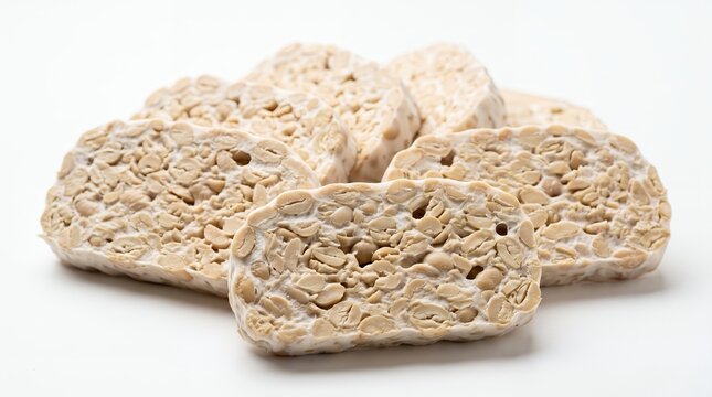 Fresh tempeh slices with visible soybean texture, isolated on pure white background