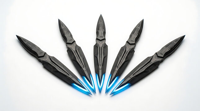 Five Futuristic Cyberpunk Daggers With Glowing Blue Energy Blades Arranged In A Fan Pattern