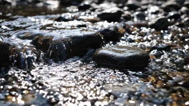 Water flowing over wet stream pebbles sparkles under bright natural sunlight.
