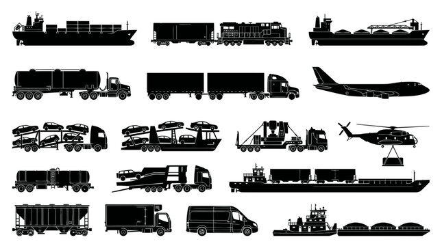 Transportation and Logistics Vehicles Glyph Set. Black and White Freight Cargo Shipping Plane Train Truck Silhouettes Vector Icons.