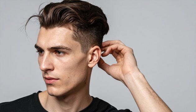 Young man styling modern haircut with matte pomade