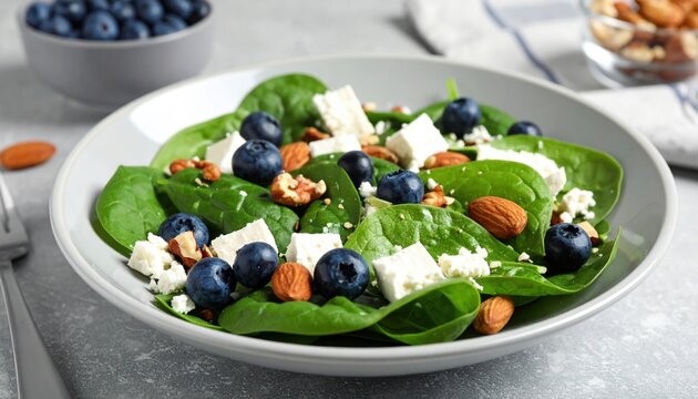 healthy spinach salad with blueberries, feta cheese and nuts on grey stone table, closeup