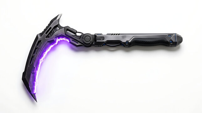 Futuristic scythe weapon with purple electrical energy blade and metallic industrial design