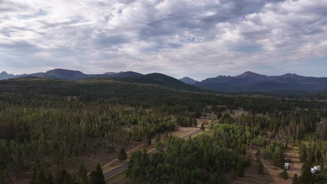 Aerial of camping in Uinta Wasatch Cache National Forest in summer in Utah with sunny skies