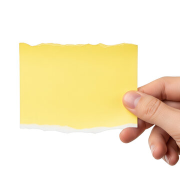 Person holding a blank yellow torn paper note in hand isolated on transparent background