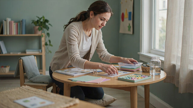 Teacher prepares colorful learning materials at a low table