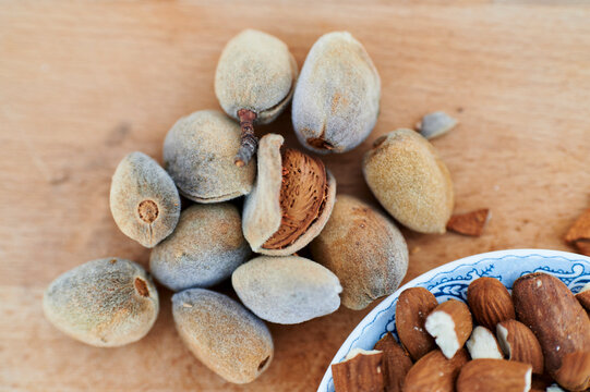 Fresh organic almonds whole in shell and hulled