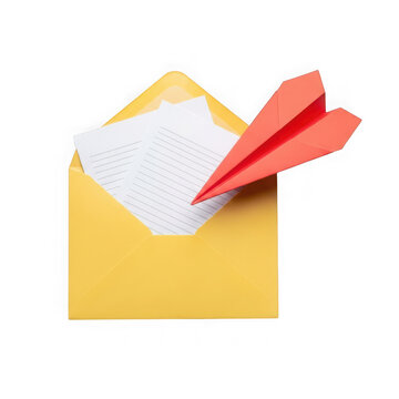 Yellow envelope with white paper and red paper plane icon illustration isolated on transparent background