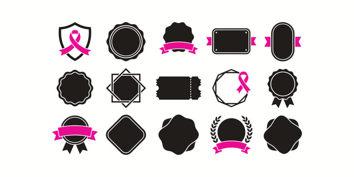 Collection of decorative black frames and labels with pink ribbons for breast cancer awareness design projects