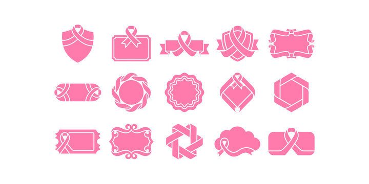 Collection of pink ribbon frames and badges for breast cancer awareness month design elements on white background