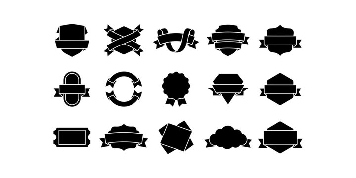 Set of black silhouette ribbon banners and vintage heraldic shield frames for badges and logo design elements