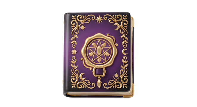 Mystical purple spellbook with golden ornamentation and pentagram seal