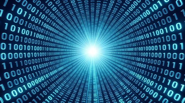 Blue binary code tunnel radiating from a bright central light source. Concept of data transmission and cybersecurity network architecture.