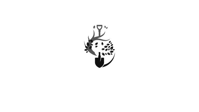 Abstract logo animation of a shovel and growing tree, circular motion graphic