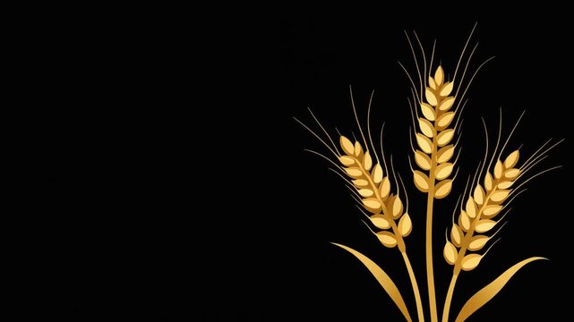 Golden wheat ears swaying slowly on a black background loop