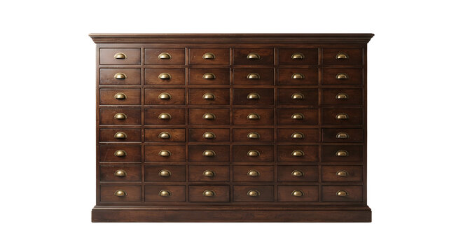 An antique wooden apothecary cabinet with many small drawers and brass pulls