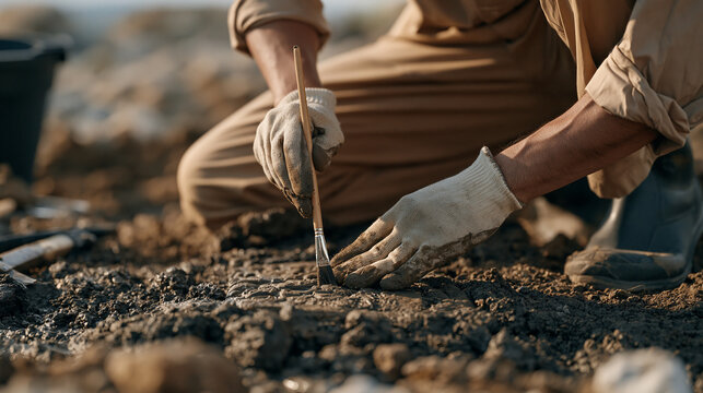 Archaeologist in rain soaked field carefully brushing soil from carved stone in the moment of an Aztec pyramid layer discovery, extreme close up of gloved hands and emerging