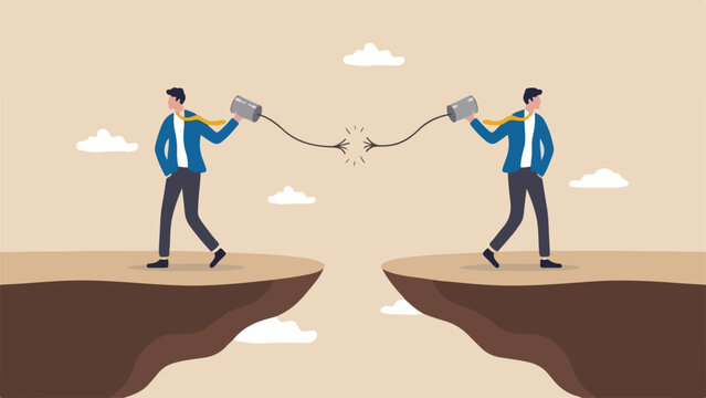 Communication gap, siloed teams, isolated departments concept, two workers talking through a tin can phone with a cut string, clean minimal flat vector illustration