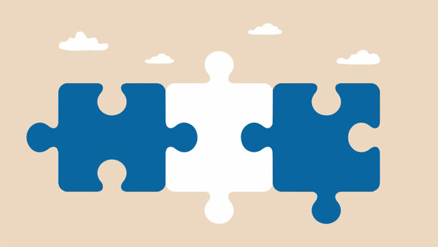 Missing team member, incomplete group, staffing shortage concept, three connected puzzle pieces with one empty space in the middle, clean minimal flat vector illustration 