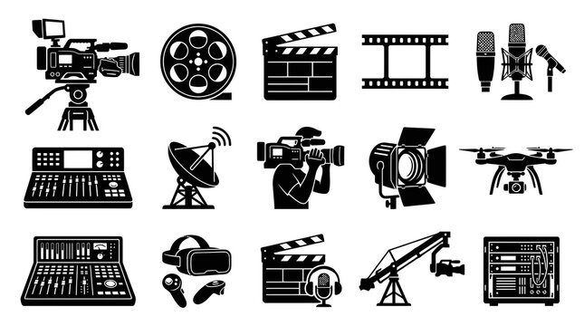 Media Production Equipment Icons Set. Filmmaking, Broadcasting, Audio, and Video Gear Glyph Collection.